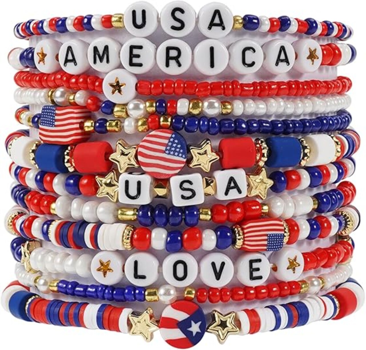American Flag Bracelet for Women Mens USA Red Blue White Beads Stretch Bracelet Set Patriotic 4th of July Independence Day